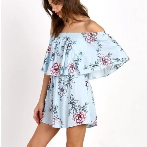 Show Me Your Mumu NWT Casita Mini Dress Wildflower Breeze Off Shoulder M Blue - Picture 2 of 14